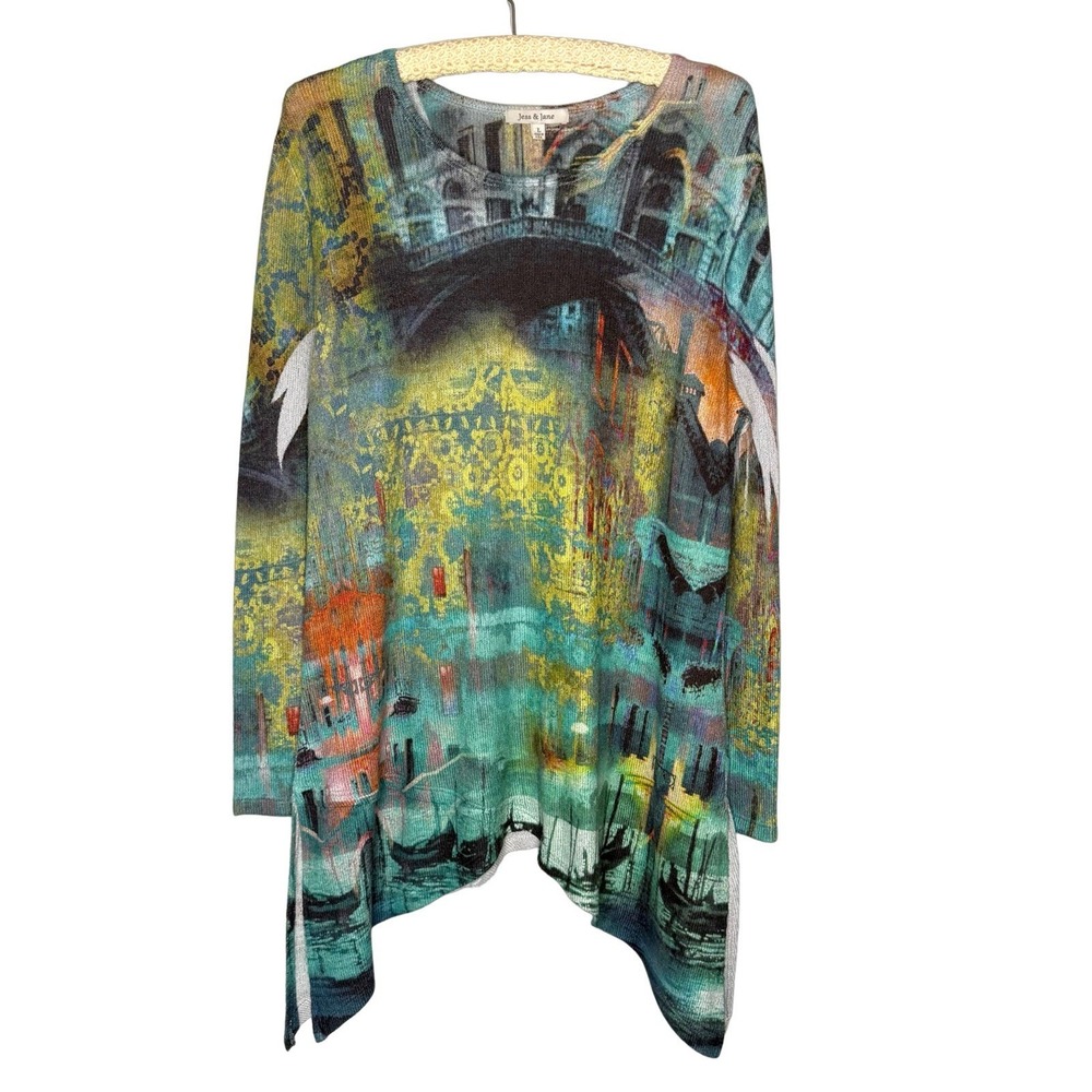 Jess & Jane Top L Colorful Asymmetric Art To Wear Y2K Long Sleeve Made In USA